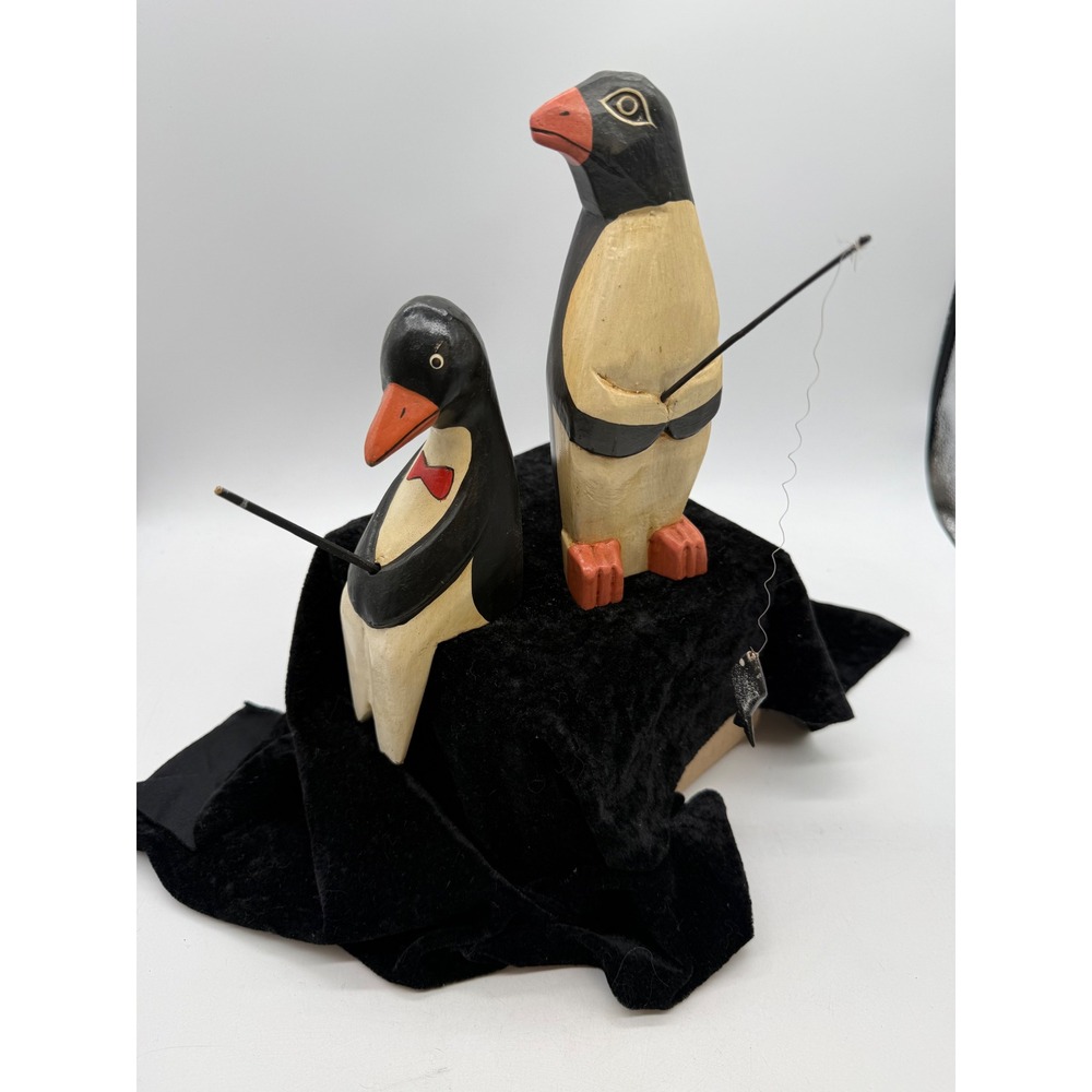 Vintage Hand Carved Wood Fishing Penguin Figurines Set 2 Folk Art Rustic Decor